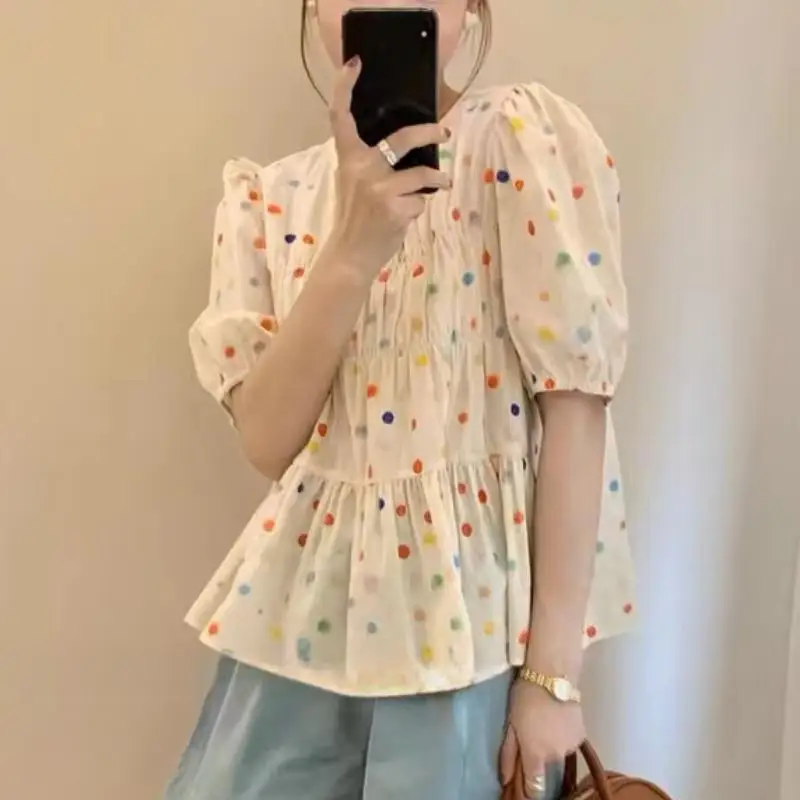 Sweet Loose Puff Sleeve Shirt Women Summer New Colorful Polka Dot Blouse Women Elegant Round Neck Pleated Slim Lady Tops 1975