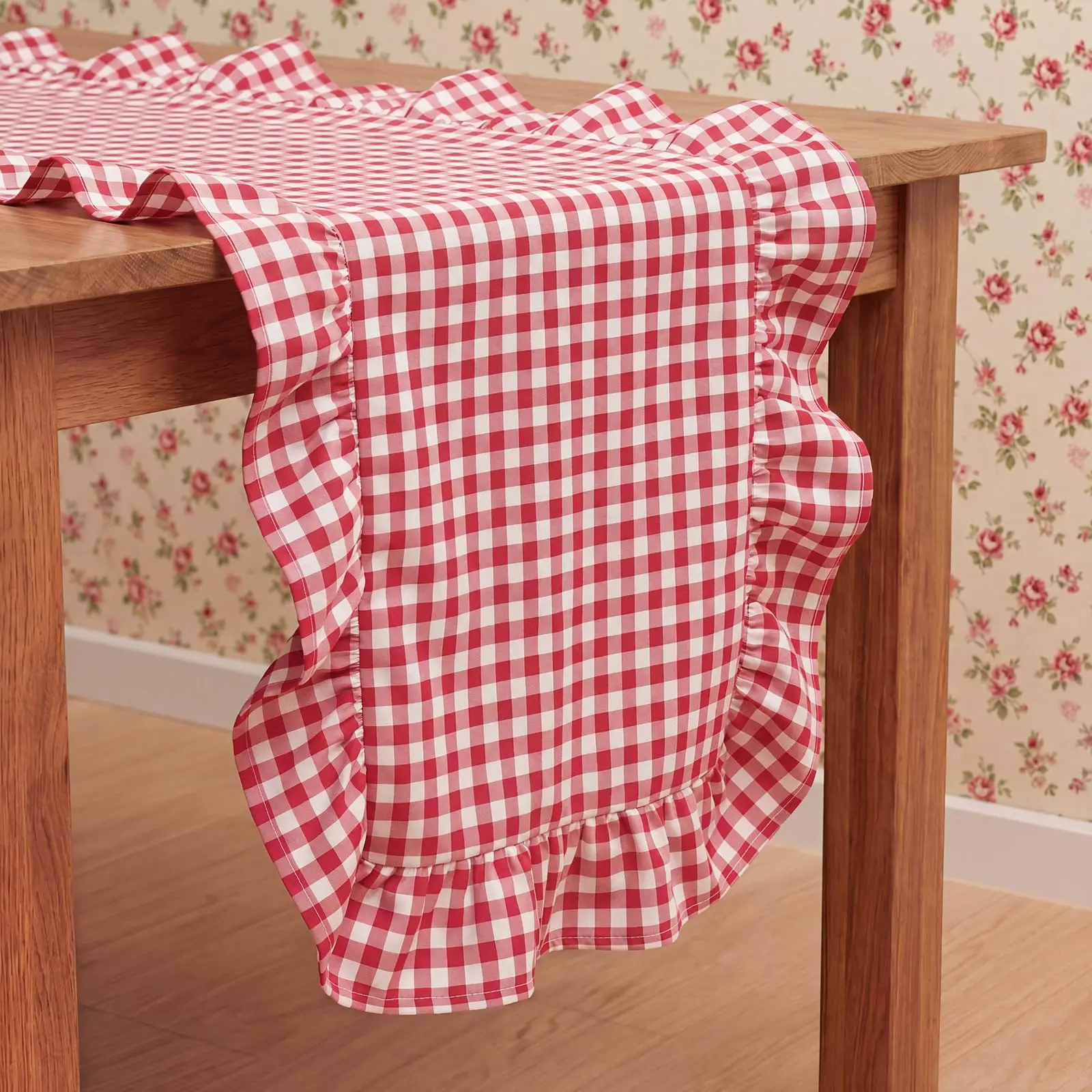 Gingham Table Runner Cotton Ruffle Checkered Plaid Tables Runner, Farmhouse Gingham Tablecloth for Home Kitchen Table Decor
