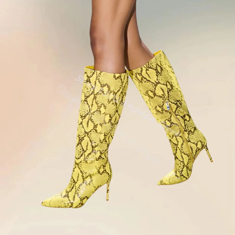 

Yellow Snakeskin Print Pointed Toe Boots Side Zipper Women Shoes Thin High Heels Fashion Party Banquet 2024 Zapatos Para Mujere