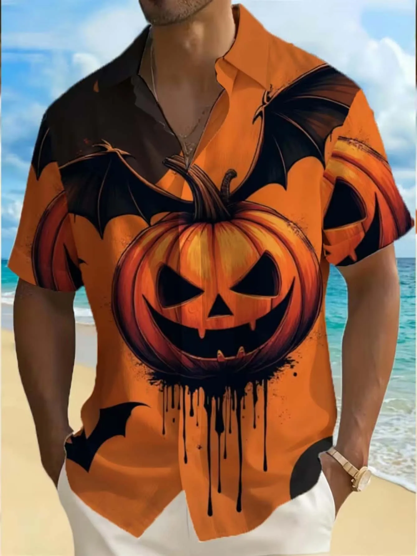 Men's Halloween Pumpkin Bat Digital Printed Short Sleeve Button Up Shirt Autumn Loose Fit Beach Party Casual Daily Tops