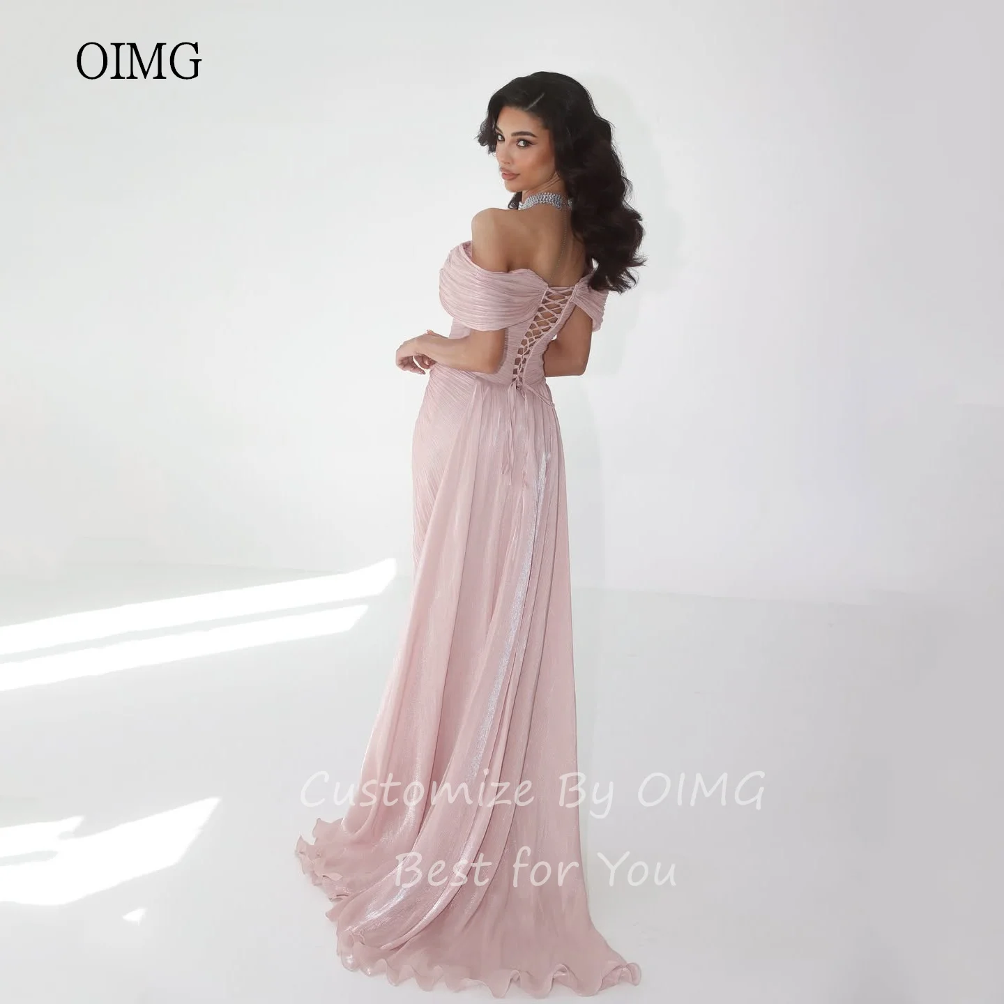 OIMG Chic Pink Off The Shoulder Mermaid Prom Gowns Backless Shimmery Party Gown Side Slit Evening Dress Customized - Image 3