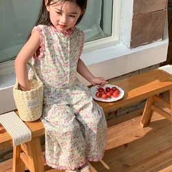 Children's Clothing Sets Floral Print Lace Sleeveless Top + Wide-leg Pants 2pcs Girls Clothes Set 2 To 7 Years Kids Clothes