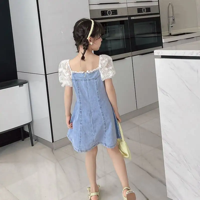 Girls' Summer 2024 Girl's Stylish Lace Bubble Short Sleeved Princess Denim Skirt Kids Clothes Flower Girl Dresses for Weddings