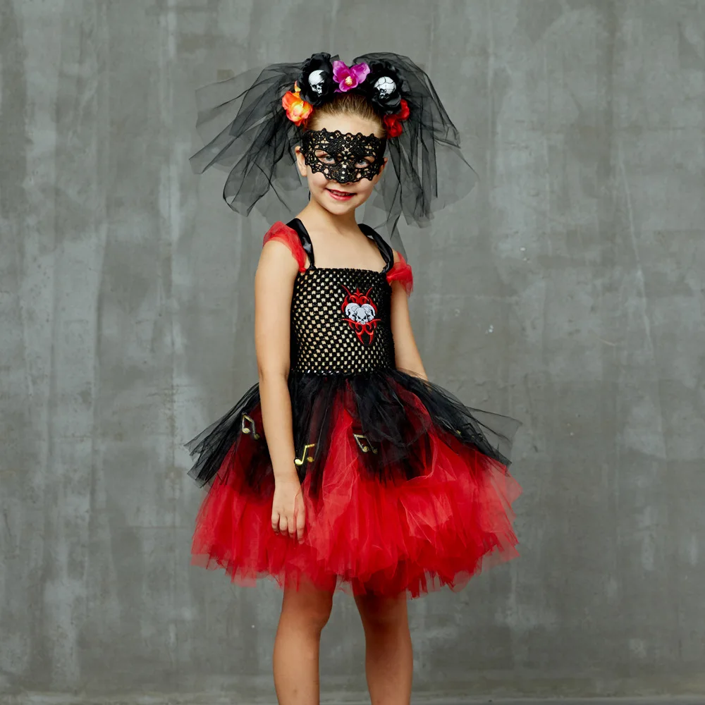Halloween Red Black Bride Tulle Tutu Dress Kids Layered Mesh Long Gown Children Stage Display Outfit Little Girls Event Attire