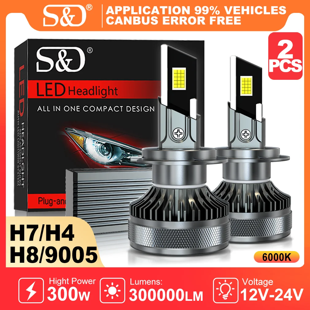 S&D H7 H4 LED Headlight 300000LM 300W H1 9005 9006 Car Headlight Bulb Canbus Wireless Fog light Auto Headlamp 6000K White 12-24V