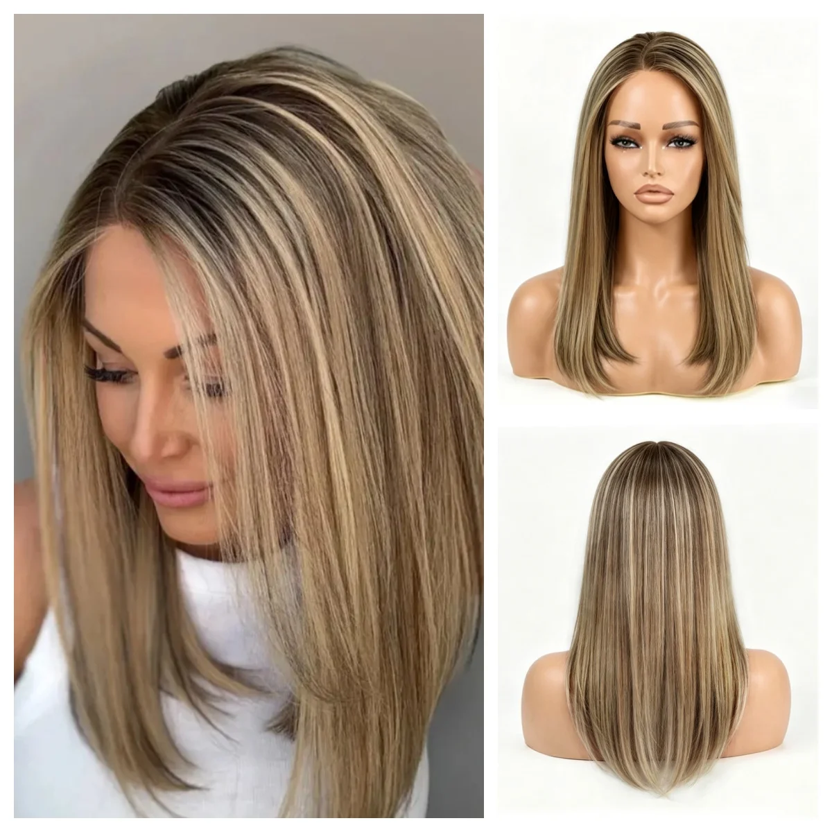 

Medium Brown Ash Auburn Colored Lace Frontal Wigs for women Synthetic Hair Silky Straight Glueless Daily Wear Glueless 13x4 Wig