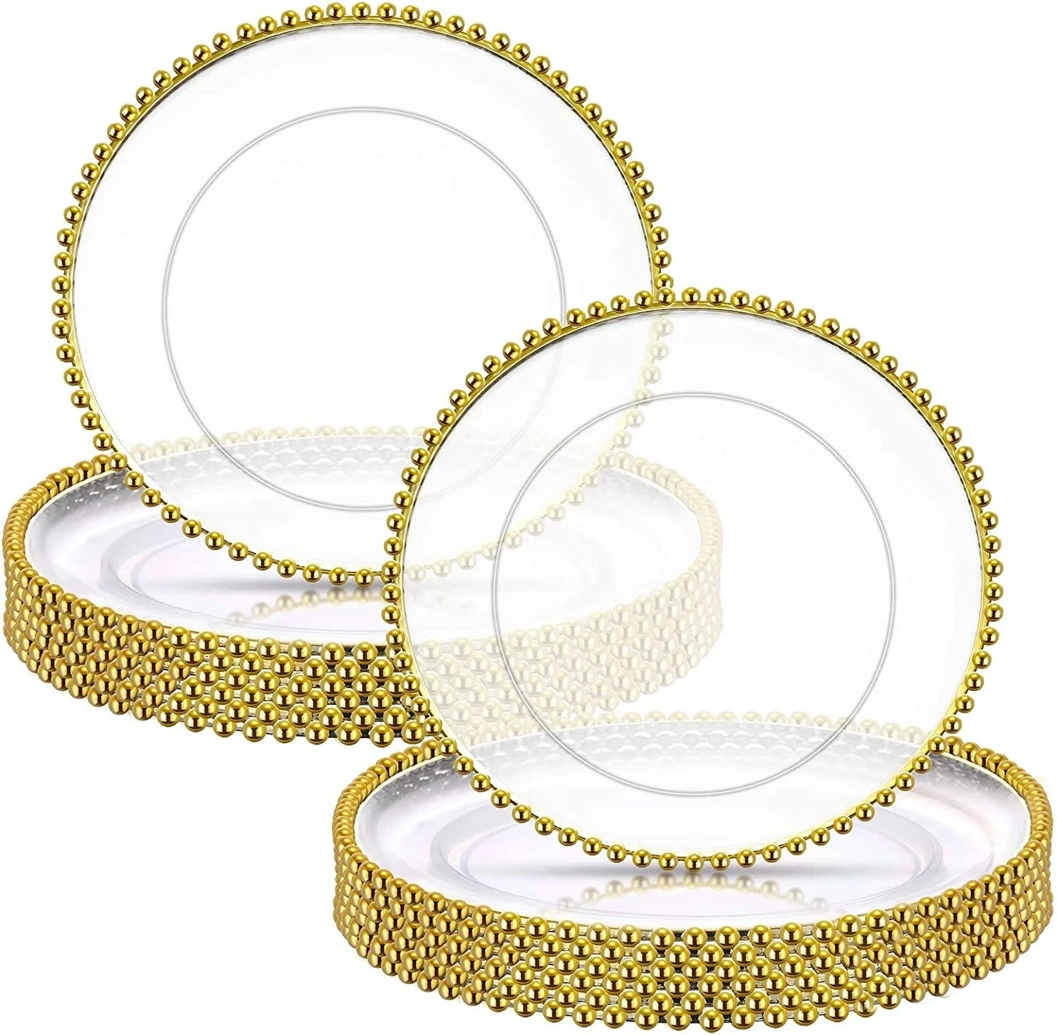 50/100 pieces Clear Plastic Charger Plates with Gold Beads Rim Acrylic Decorative Service Plate