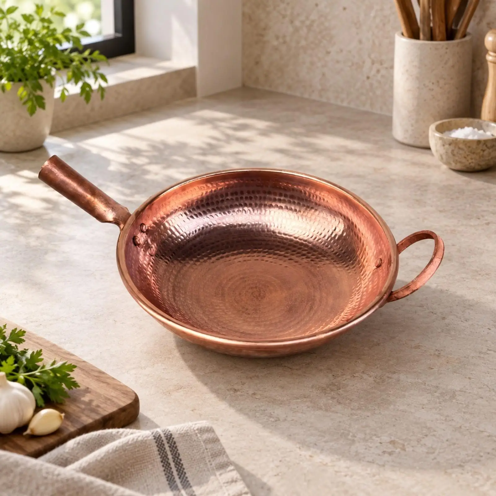 Artisan Copper Cooking Pan Hammered Texture Deep Wok with Side Loop Handle for Gas Stove Daily Kitchen Use
