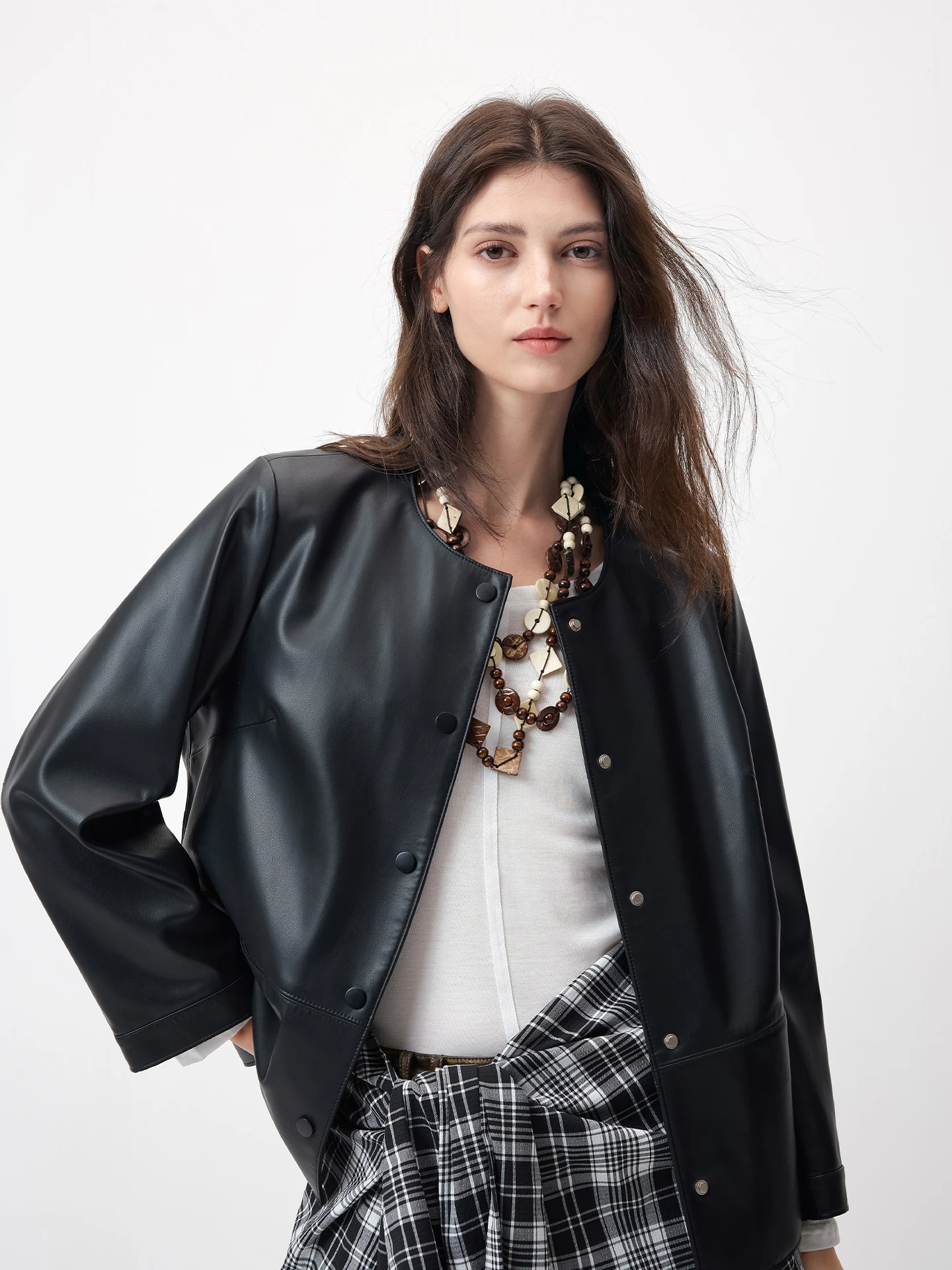 

Kele Genuine Leather Jacket Women's Simple Sheepskin Coat Classic Image Commute Style Long Sleeve Polyester round Neck