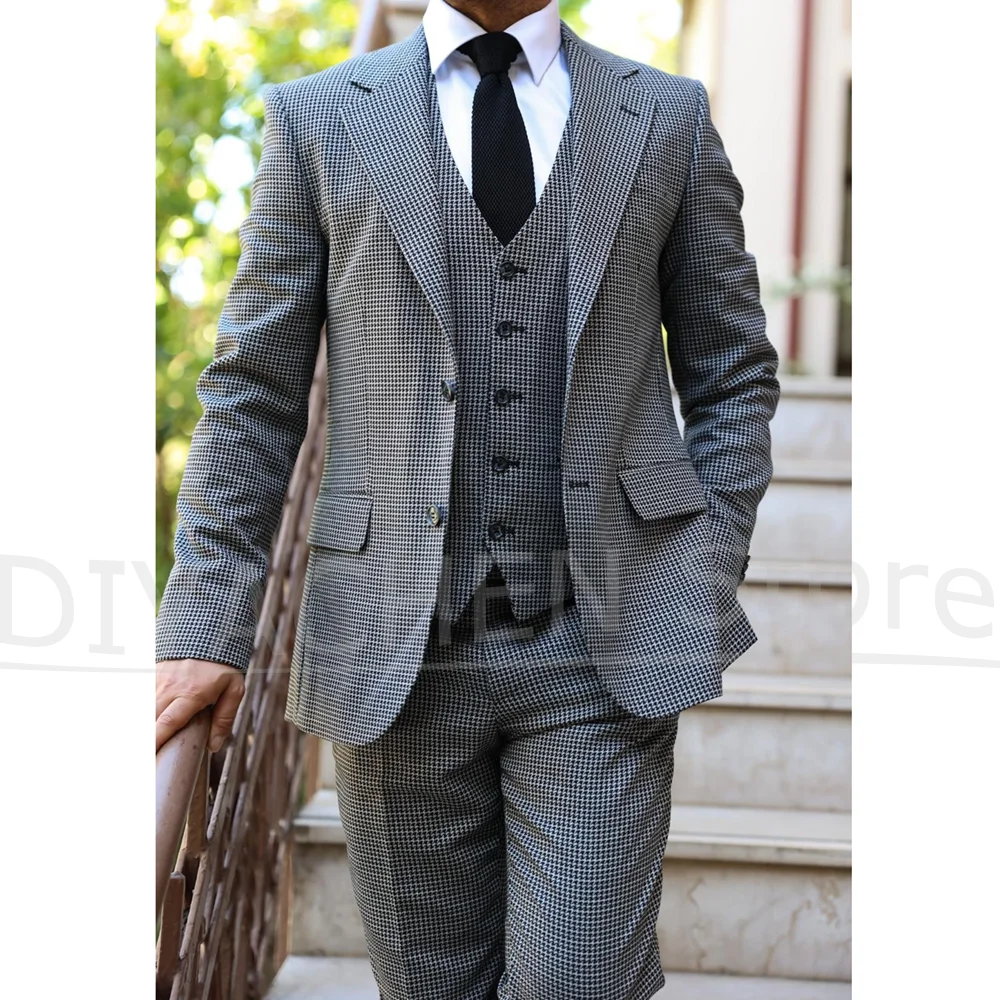 

Шикарные мужские костюмы с узором «гусиные лапки», комплект из трех предметов, однобортный деловой костюм с лацканами, деловой повседневный смокинг для жениха, свадебной вечеринки