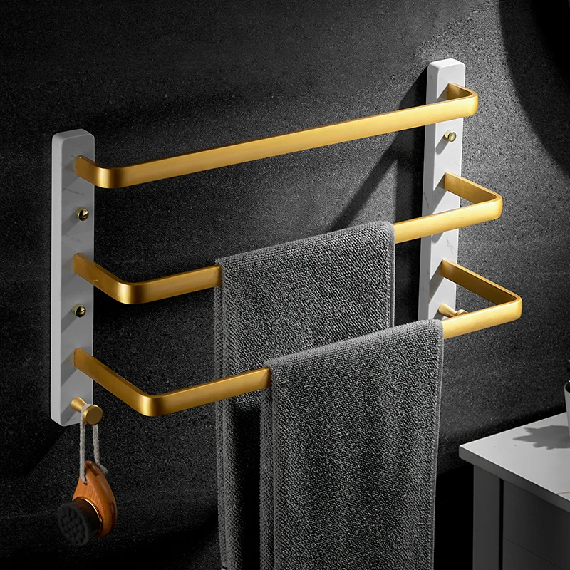 

White Marble Bathroom Towel Rack Brushed Gold Aluminum Wall-mounted Towel Bar Toilet Towel Holder Multi Layer Rack With Hook