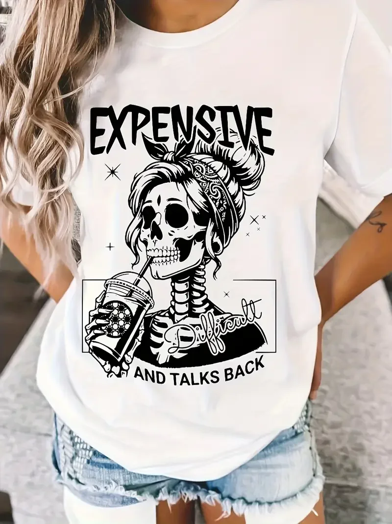 Expensive Difficult Letter Skull Print Casual T-Shirt Graphic Print Design Round Neck Tee Spring Summer T Shirt