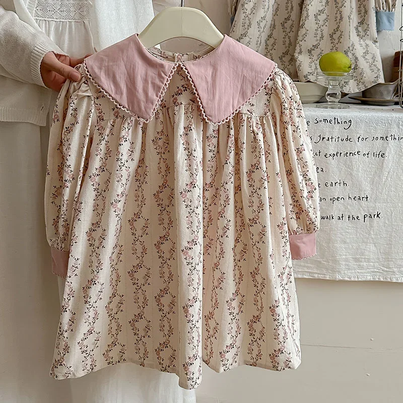 Autumn French Flower Contrasting Lapel Style Girls\' Dress Spring Baby Kids Pure Cotton Long Sleeved Lace Sweet Princess Dress