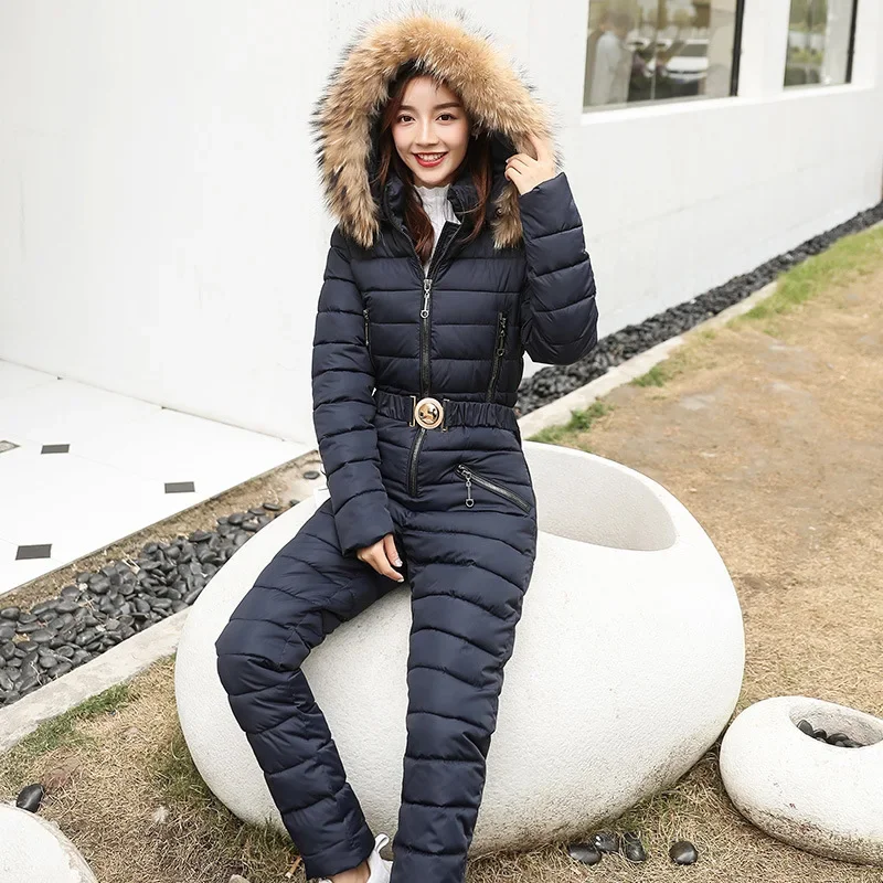 

2025 One-piece Ski Clothes Women Jackets Winter Slimming Thickening Hooded Parka Jumpsuit Casual Zippers Pockets Women's Coats