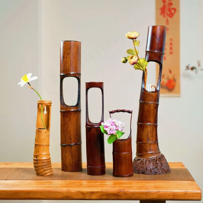 Handwoven Natural Bamboo Tube Flower Basket Vintage Distressed Handle Flower Vase Traditional Ikebana Floral Arrangement