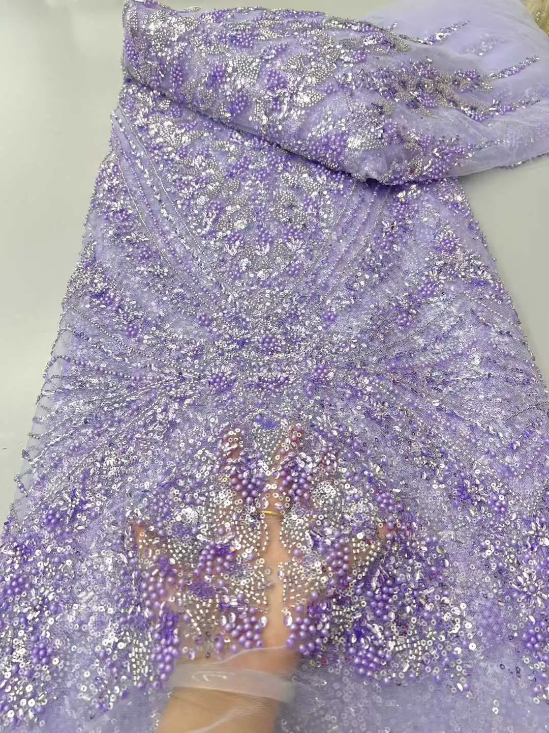 Tela de lentejuelas francesas de encaje africano 2025, telas de encaje de tul bordado de alta calidad con cuentas para costura de vestidos de novia nigerianos.