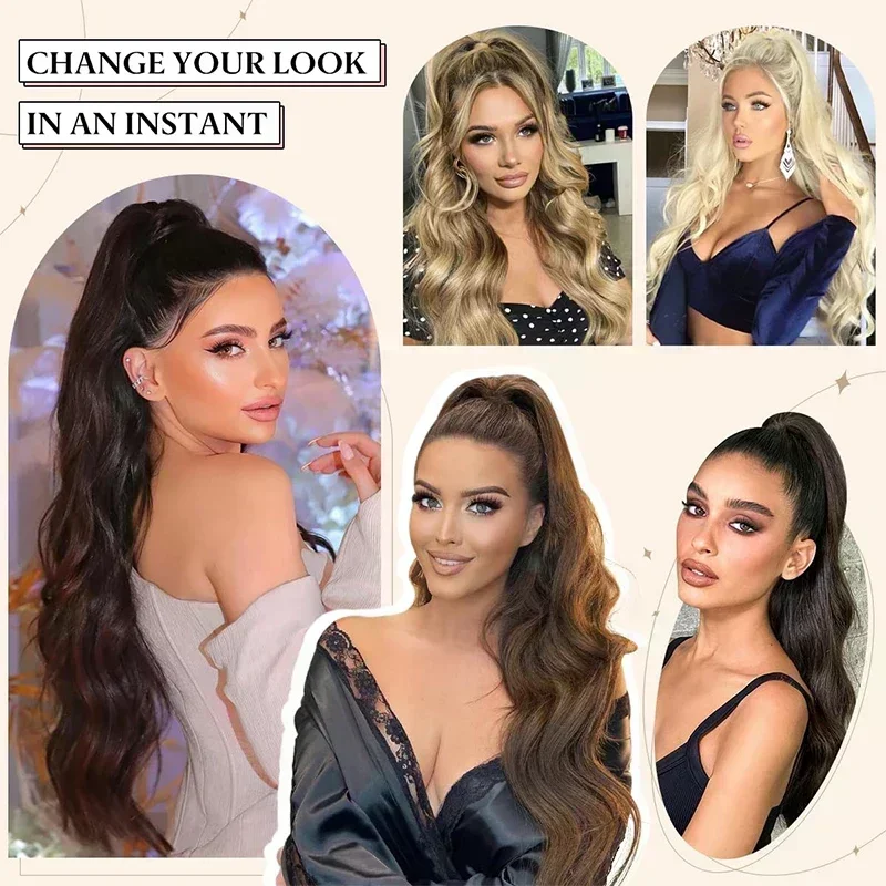 24 Inch Wave Hair Ponytail for Women Long Curly Wavy Drawstring Ponytail Extensions Synthetic Brown Body Wave Clip in Horse Tail