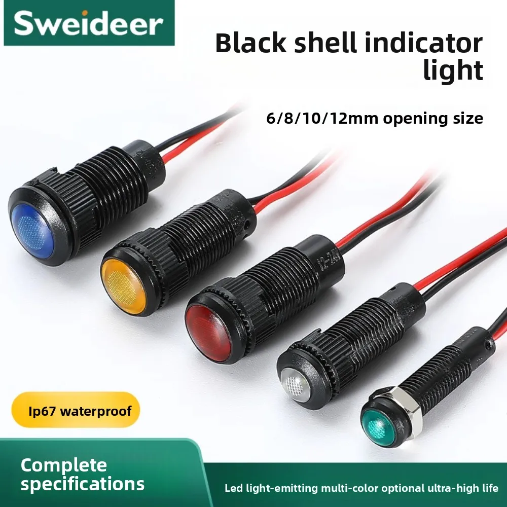 Waterproof Oxidized Black Plastic Indicator Lights 6/8/10/12/16/19/22MM with Wired LED Signal Lights for 12V 24V Vehicles