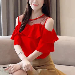 2024 Summer Women Blouses White Women's Shirts Office Lady Clothes Short Sleeve Chiffon Blouse Woman Off Shoulder Tops 4206