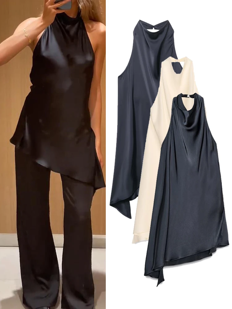 Chaleco Halter de satén liso a la moda para mujer, elegante dobladillo Irregular, sin espalda, sin mangas, para calle, Tops elegantes para vacaciones de verano