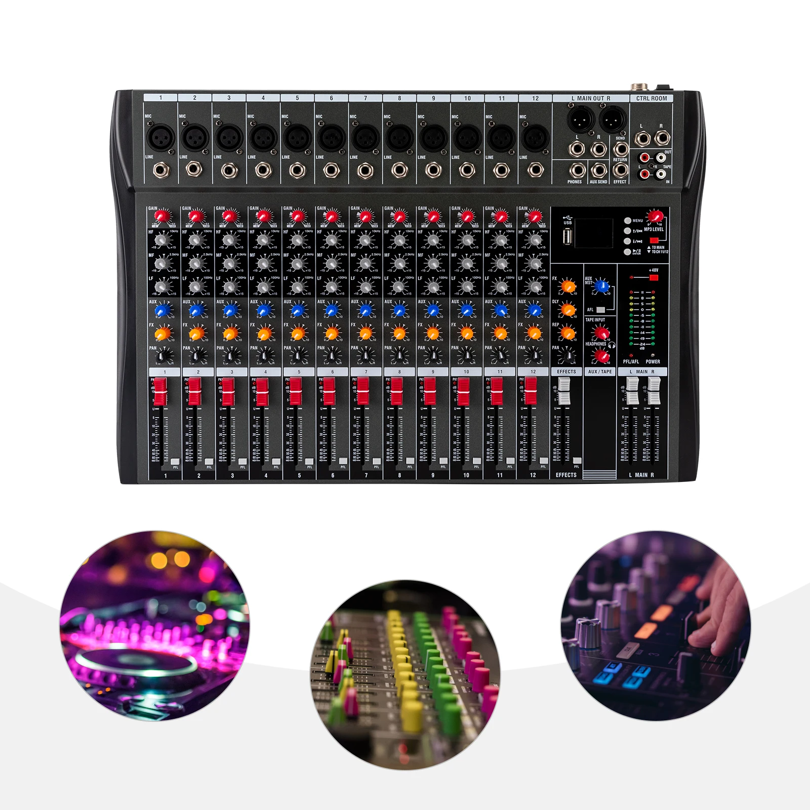 12 Live Audio Bluetooth Audio Mixer with USB Drive for Computer Recording Bluetooth 12 Channel Audio Mixer XLR Microphone Socket