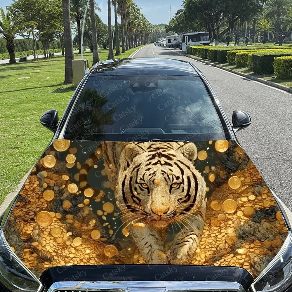 Golden Tiger Car Hood Sticker PVC Self Waterproof Stick, Striking Auto Exterior Accessories Decor Protect Gift for Car Lover