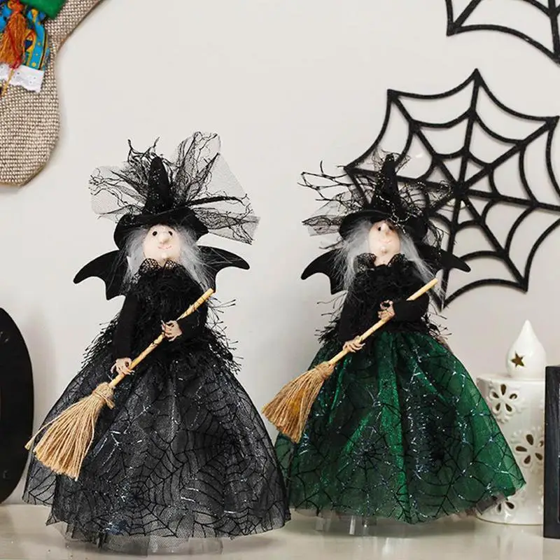 Halloween Witch Doll Home Decorative Tree Topper Spooky Doll Halloween Decoration Witch Broom Figurines Haunted House Props