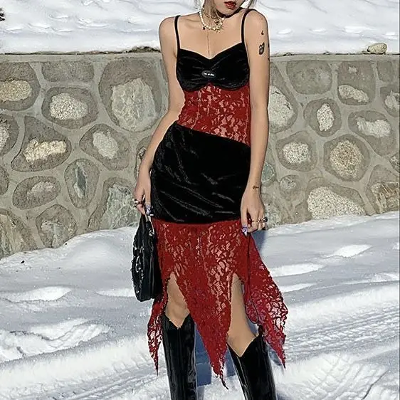 Subcultural Punk Hot Girl Goth Blood Red Lace Black Velvet Patchwork Tattered Hem Camisole Long Skirt Dress