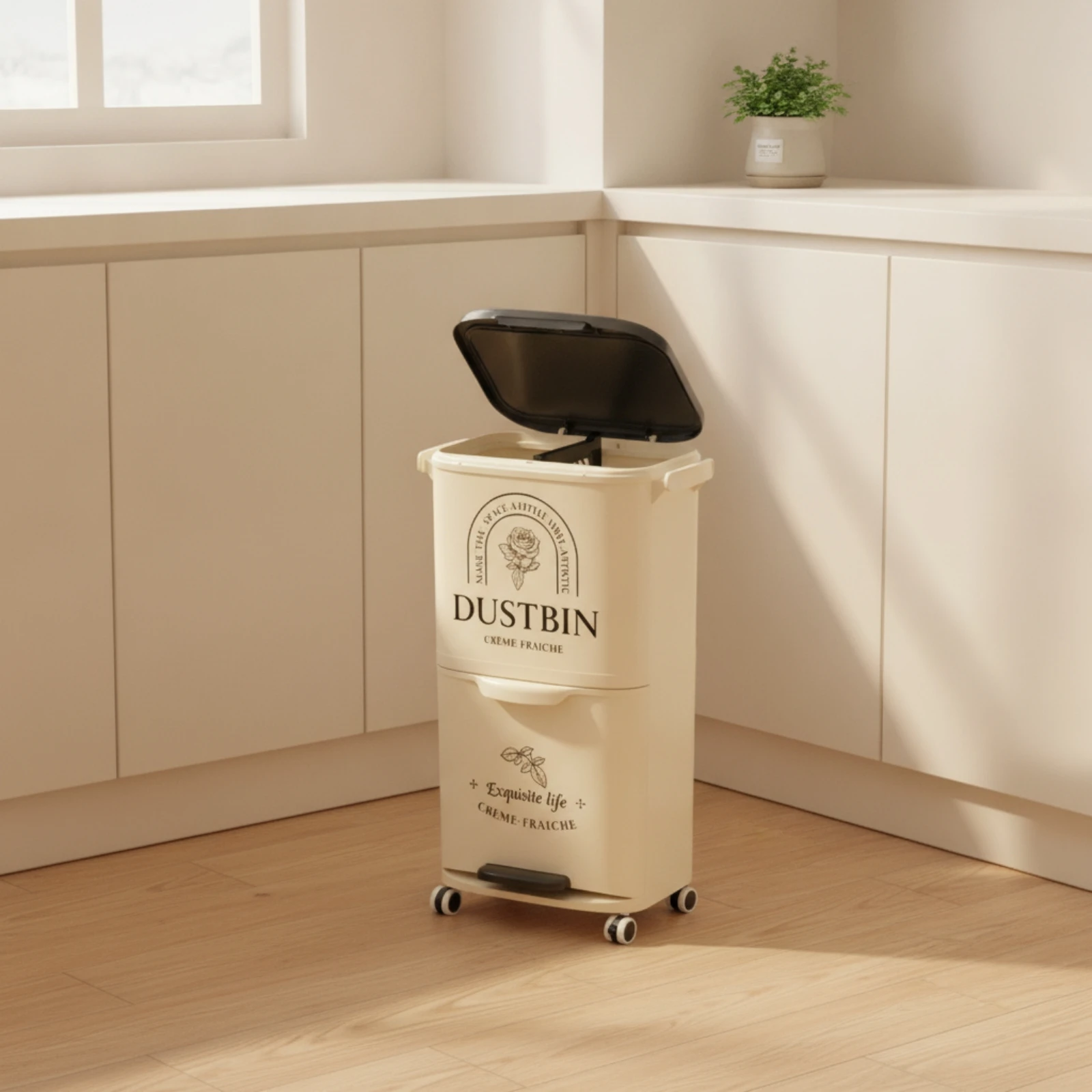 Dual Compartment Trash Can Space-Saving Trash Bin with Foot Pedal Garbage Can with Wheels Easy-Clean Wastebasket Long-Lasting