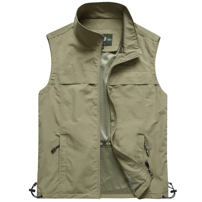 Men's Vest Spring and Autumn New Solid Color Multi Pocket Loose Size Outdoor Fishing Standing Collar Coat Men Sleeveless Jacket