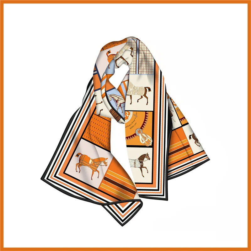 POBING Twill Silk Scarf Women Poncho Hand Rolled Horse Printed Long Scarves Wraps Bandana Big Shawl Hijabs Female Foulards