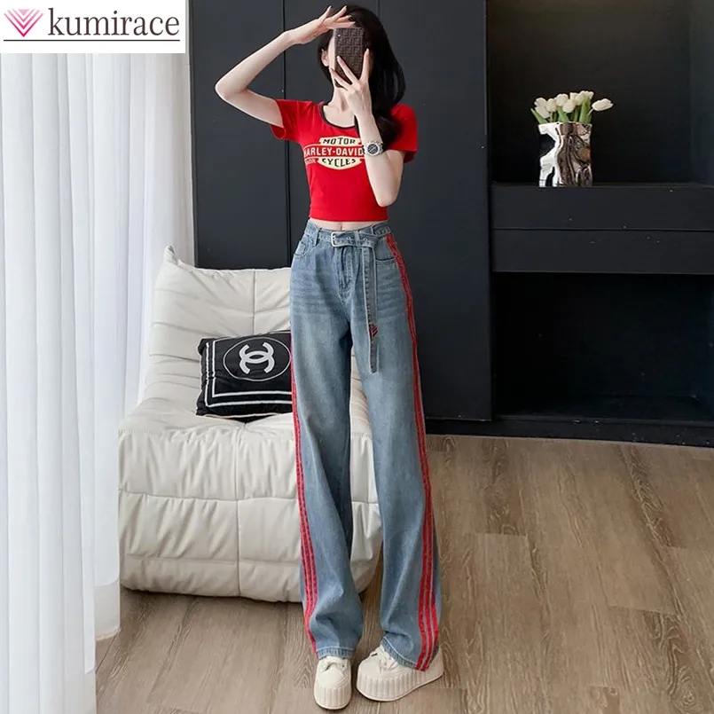 

Fashion Sports and Leisure Suit for Women's Summer New Short Sleeved Slimming Denim Wide Leg Pants Two-piece Set