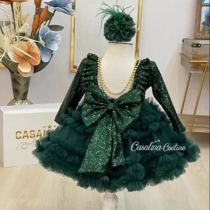 BABYONLINE-Vestido de Natal verde esmeralda para criança, menina, pendurar contas douradas, estrutura de saia em camadas, domina sob o cinto