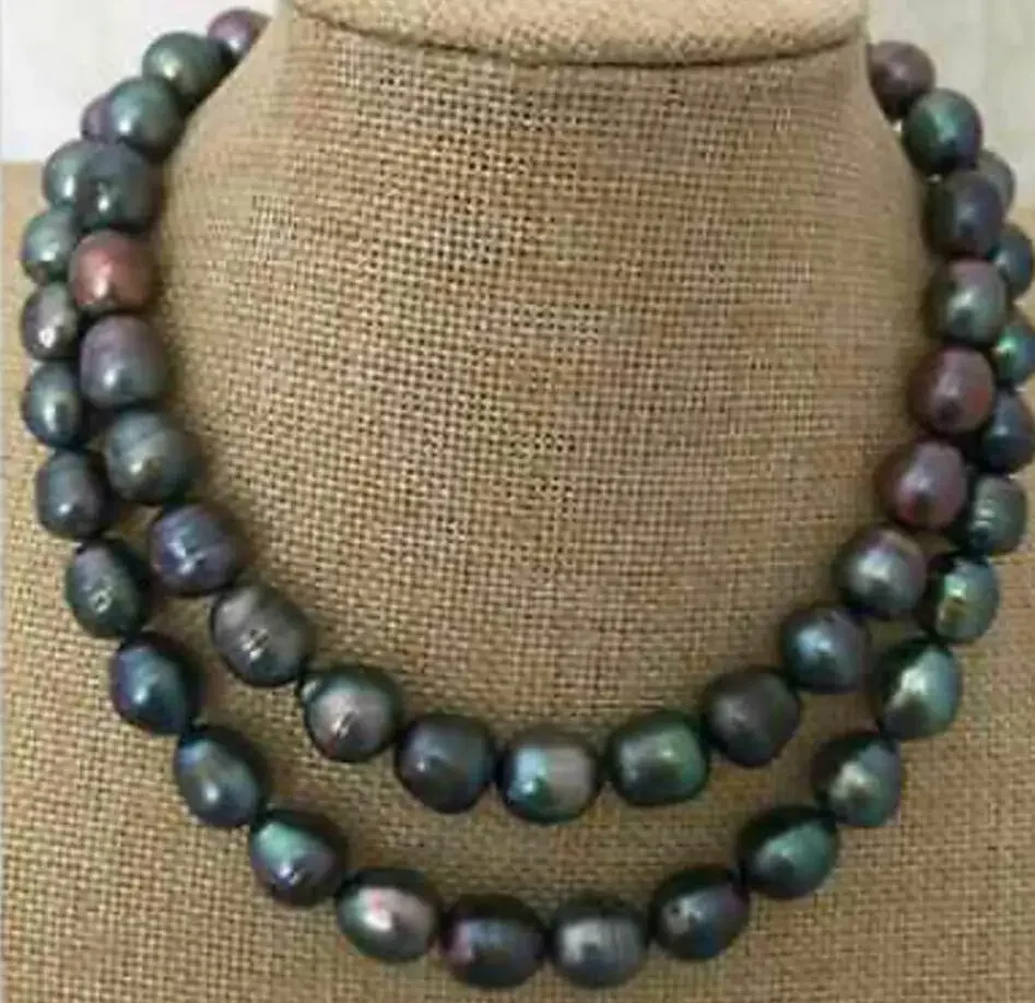 Pretty Natural Genuine 8-9mm tahitian black baroque pearl necklace 34''