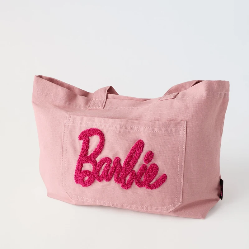 Barbie Canvas Bags Women Tote Bag Cartoon Reusable Shopping Bag Large Capacity Storage Bag Embroidery Female Shoulder Handbag