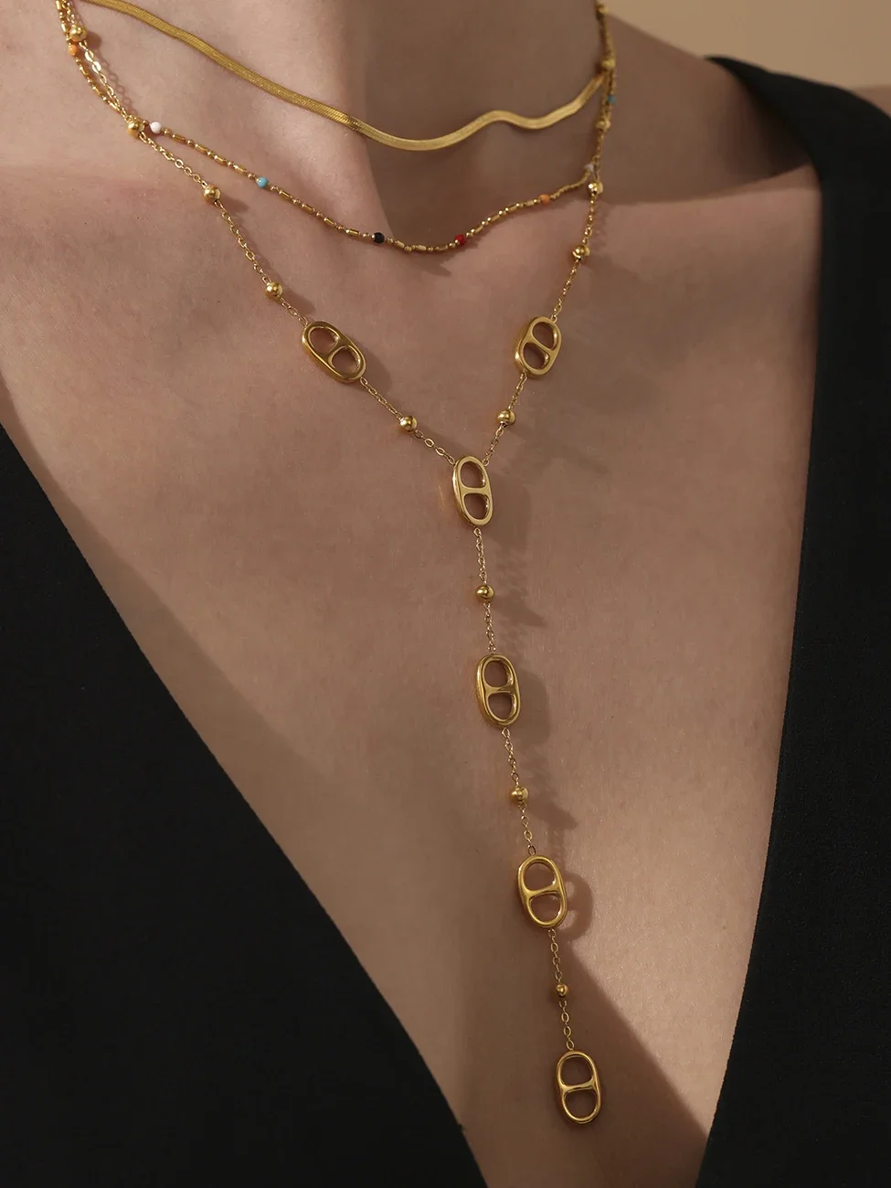 

Fashion Long Chain Stainless Steel Necklacs For Women PVD Real Gold Plated Metal Female Collar Party Banquet Jewelry