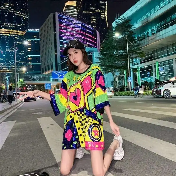 #0208 Summer Long T Shirt Women Loose Streetwear Funny Hip Hop T Shirt Short Sleeve Shinny Sequined T-shirt Female Split Joint