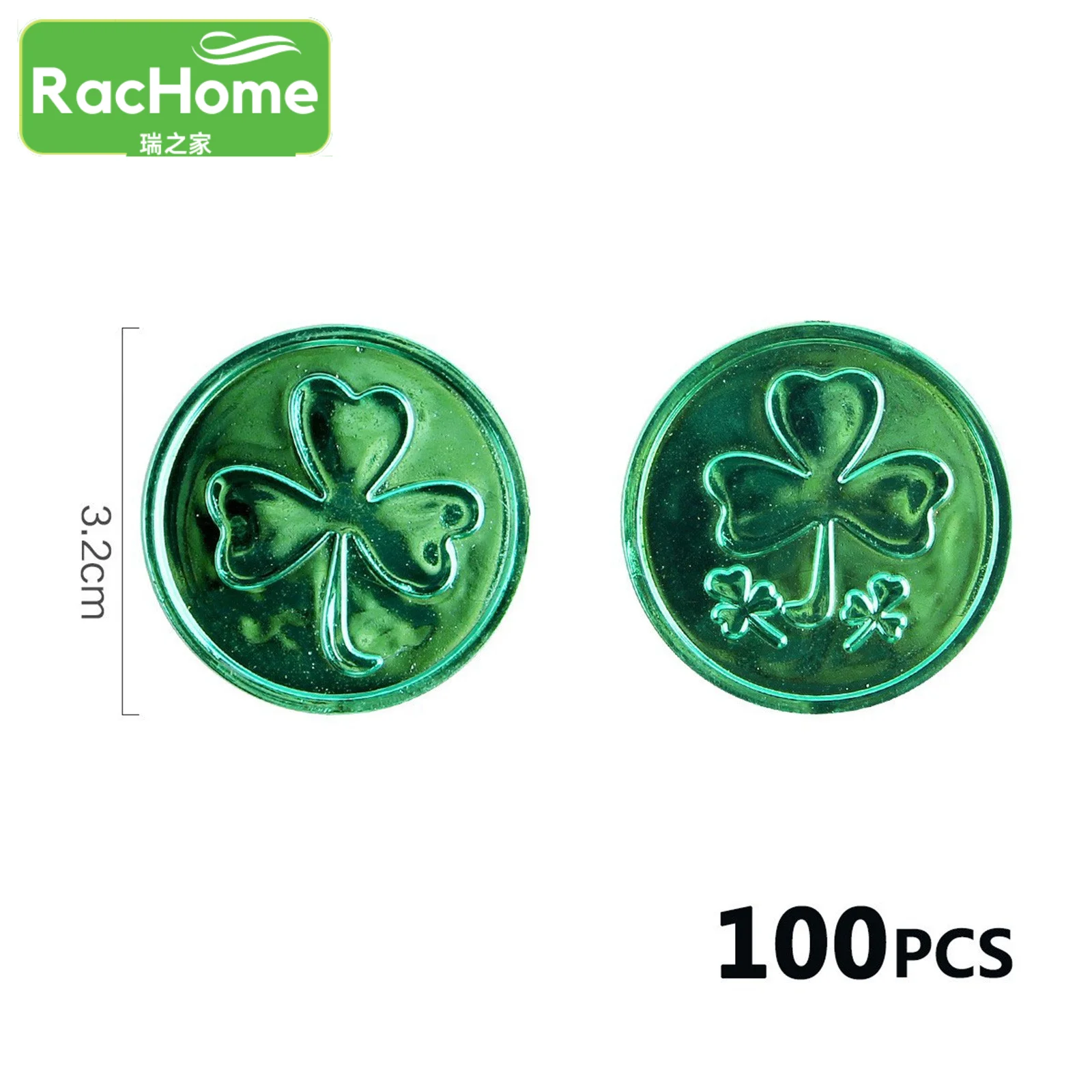 Green Gold Silver St. Patrick's Lucky Shamrock Plastic Coins Treasure Hunt Game Props 100pcs Party Gift 3-leaf Clover Coin Decor