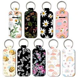 Simple Flowers Clip On Lipstick Holder Cartoon Keychain Print Cartoon Keyring Trendy Lip Balm Key Chain Bag Charms Accessories