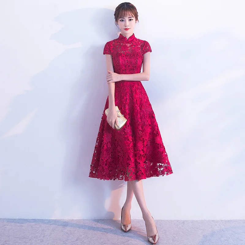 

Faionable Mid-Length Lace Wedding Dr 2024 New Sle Red Evening Gown Women's Summer Slim-Fit Chinese Sle Wedding Dr