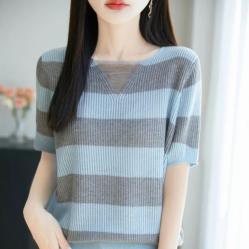 

Womens Striped Knit Top Short Sleeve Mesh Panel V Neck Casual Summer Blouse