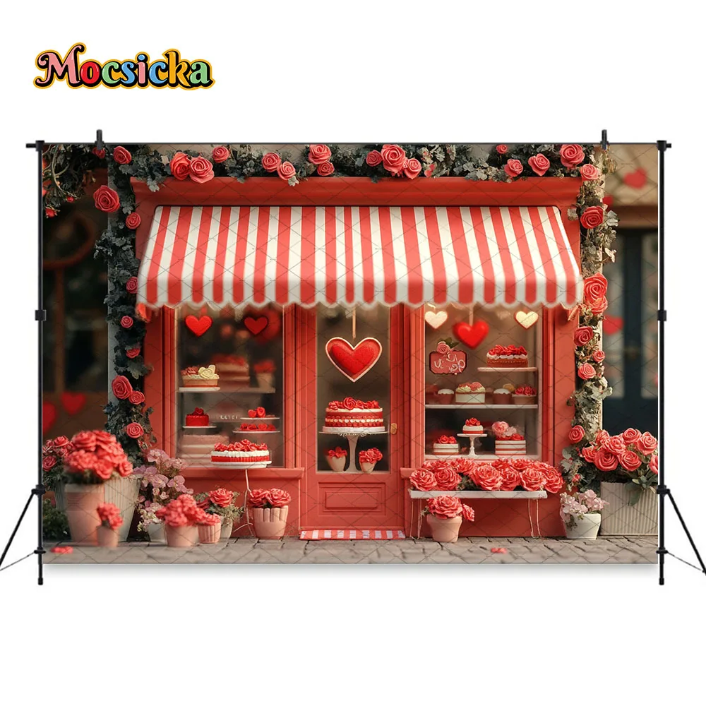 Mocsicka Valentine's Day  Backdrop Photography Pink Dessert Shop Heart Flower Storefront Background Girl Wedding Photo Studio