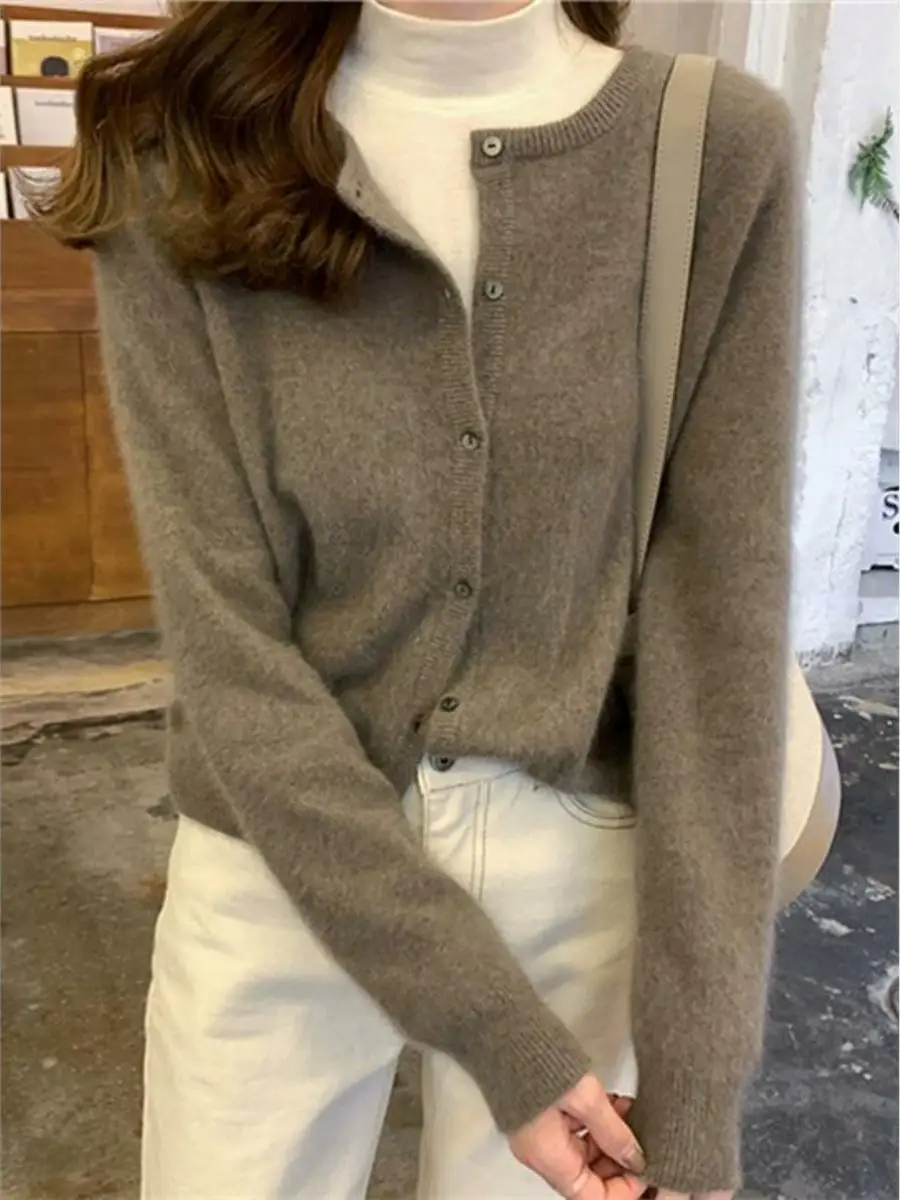 

New Soft 00 Wool Knitted ort Cardigan Women's round Ne Spring Autumn Winter Korean Sle Versatile Base Layer