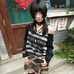 Genayooa Y2k Print Graphic Tops Patchwork Striped T Shirt Streetwear Lace Up Grunge Tops American Retro 90s Gothic Tee Tops