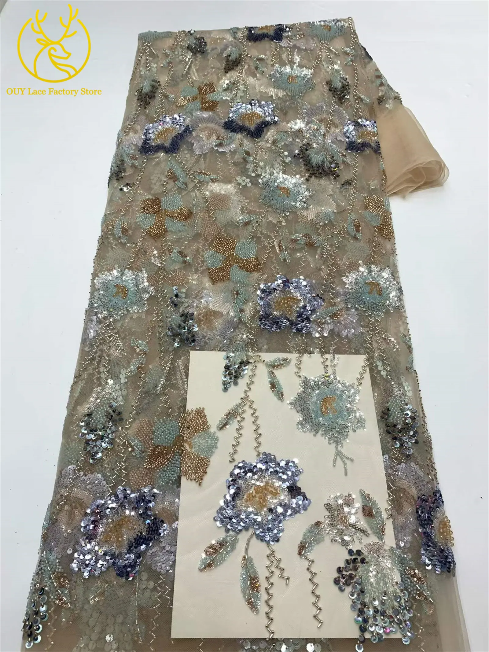 2026 Französische Stickerei Perlenbesetzter Mesh-Spitzenstoff 5 Yards Hochwertiger Afrikanischer Pailletten-Spitzenstoff für Damen Partykleider Nähen – Detail 20