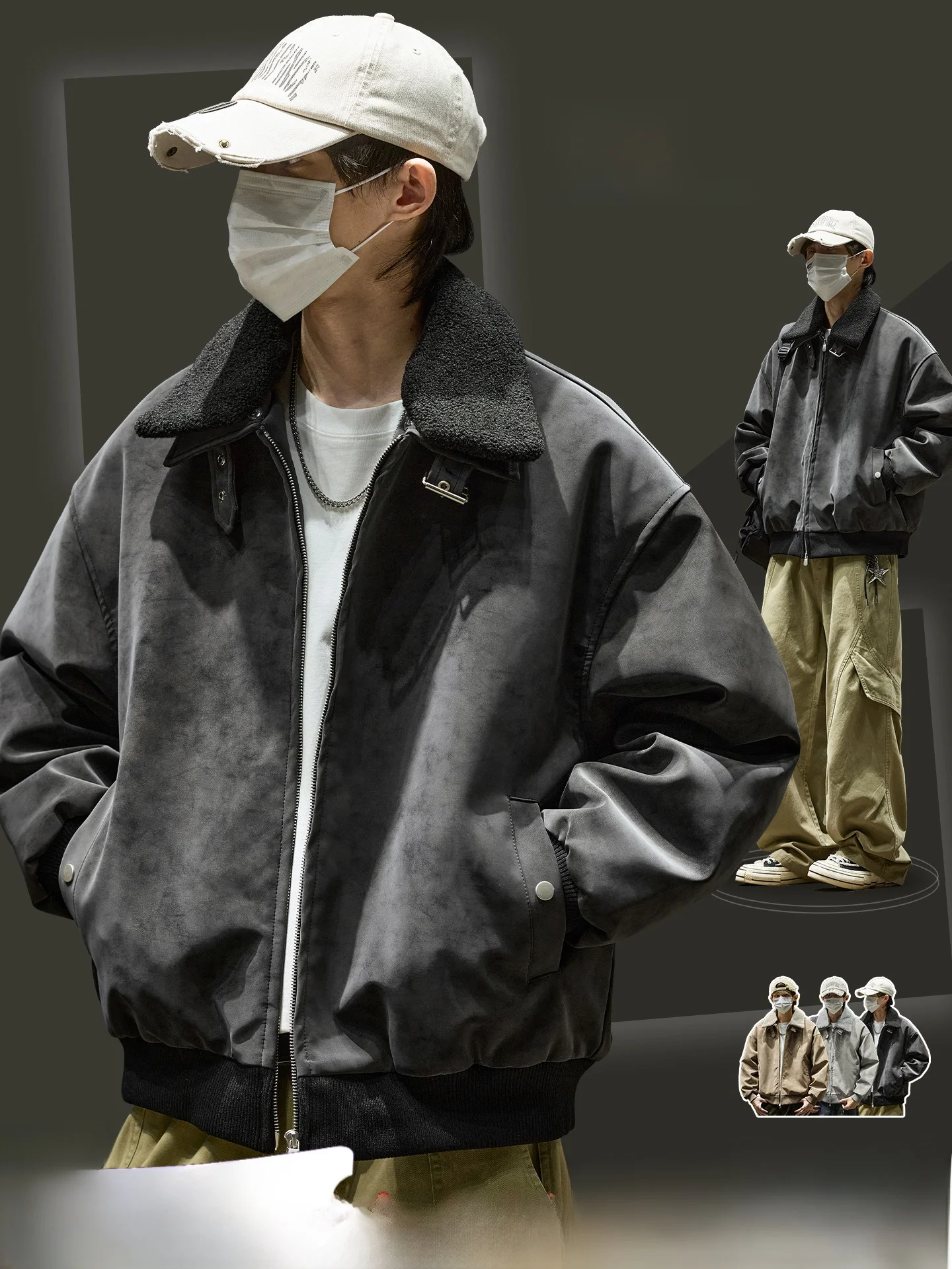 الرجال الجلد المدبوغ Jaet Thiened القطن بولي Leather الجلود القابلة للإزالة الفراء طوق ملابس خارجية شتاء دافئ طويل Sve سستة إغلاق اللون