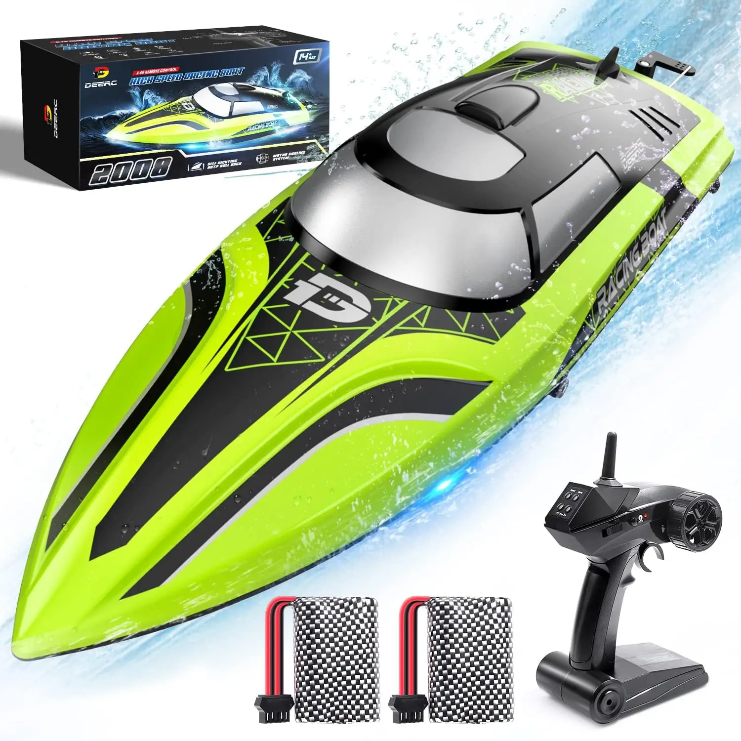 

RC Boat with LED Light, 30+ Mins, Self Righting Remote Control Boat for Pools & Lakes, 20+ MPH, 2.4GHz Racing Boats, 2 Bat