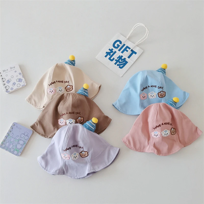 

Lovely Bear Basin Cap Cute Horn Children Bucket Caps Cotton Kids Sunshade Fisherman Hat 6-36Month Boys Girls Kids Outing Visors