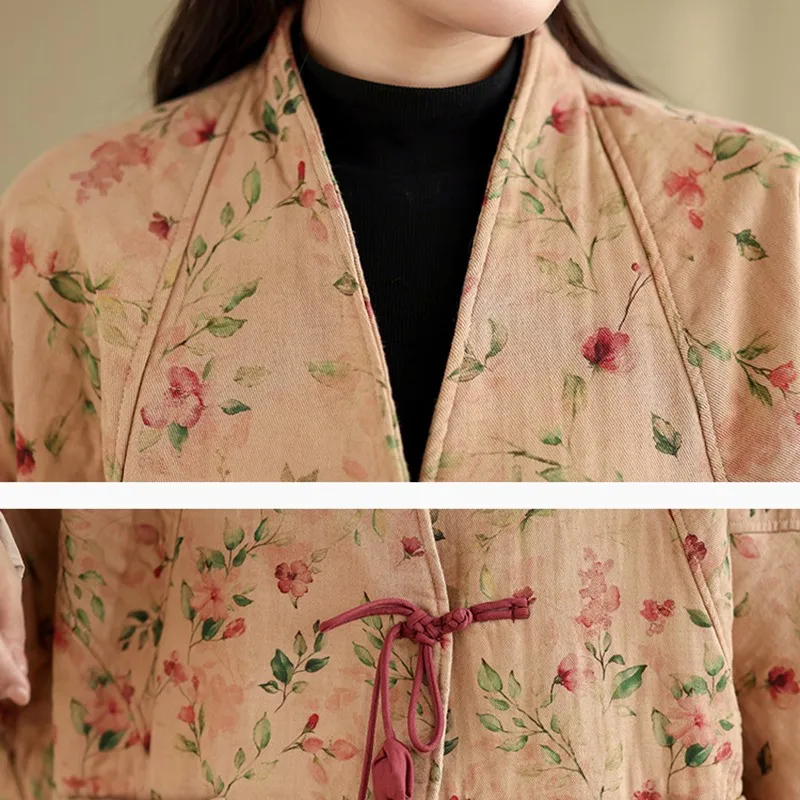 Chinese Style Thick Warm Casual Coats Women New 2024 Autumn Winter Vintage V-neck Floral Print Female Cotton Jackets B2065