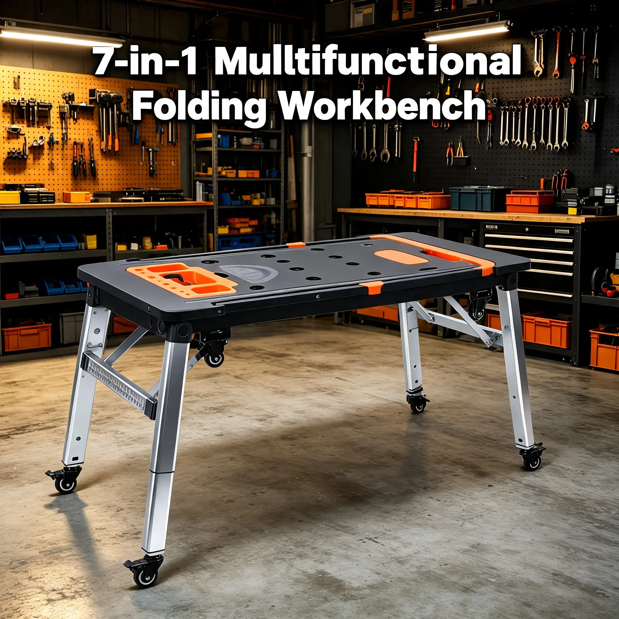 7-in-1 Multifunctional Work Platform with Wheels & Folding Design, Heavy Duty Workbench Handcart 551 lbs Capacity, Adjustable Height 20.5-30.7in for Workshop Garage DIY, Black